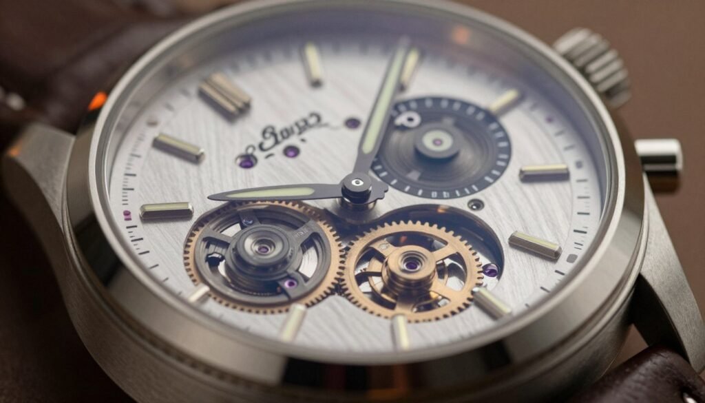 Close-up of a luxury chronograph movement seen through a sapphire caseback