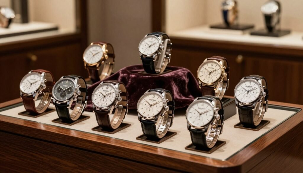 A collection of luxury chronograph watches displayed on a wooden table