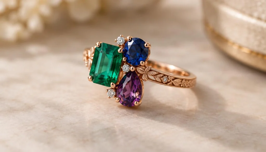 Alternative gemstones arranged in an asymmetrical engagement ring