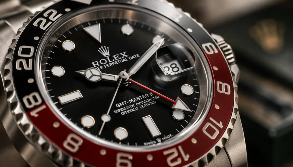 Arrow-tipped 24-hour hand on a GMT-Master II display