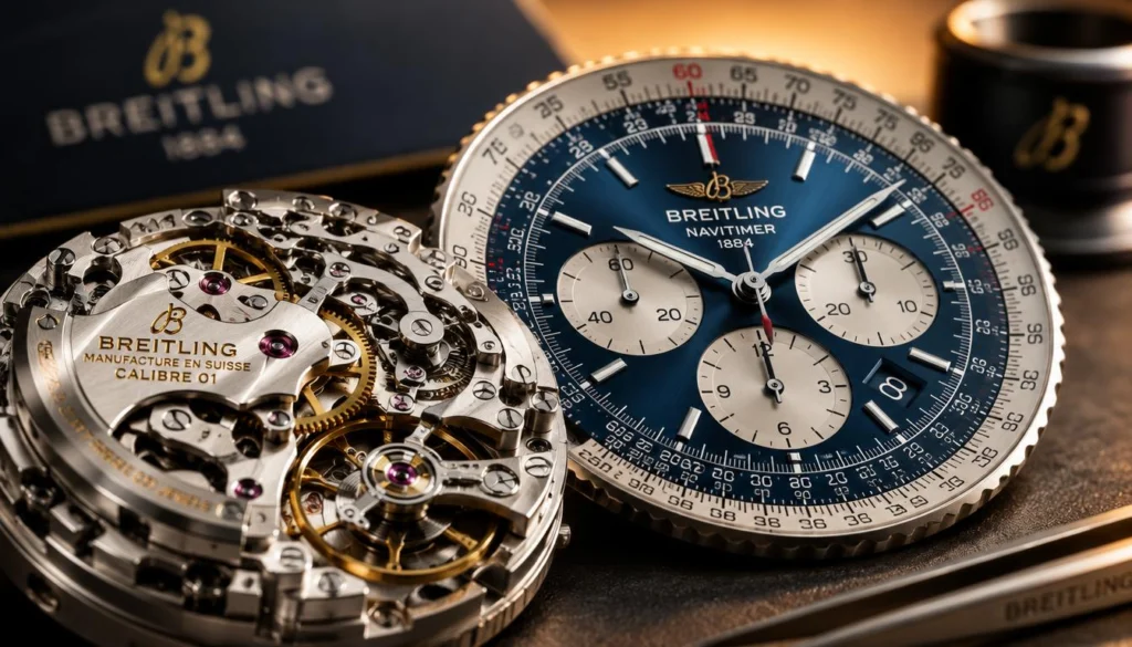 Breitling navitimer: breitling Manufacture Caliber 01 movement beside a Navitimer dial
