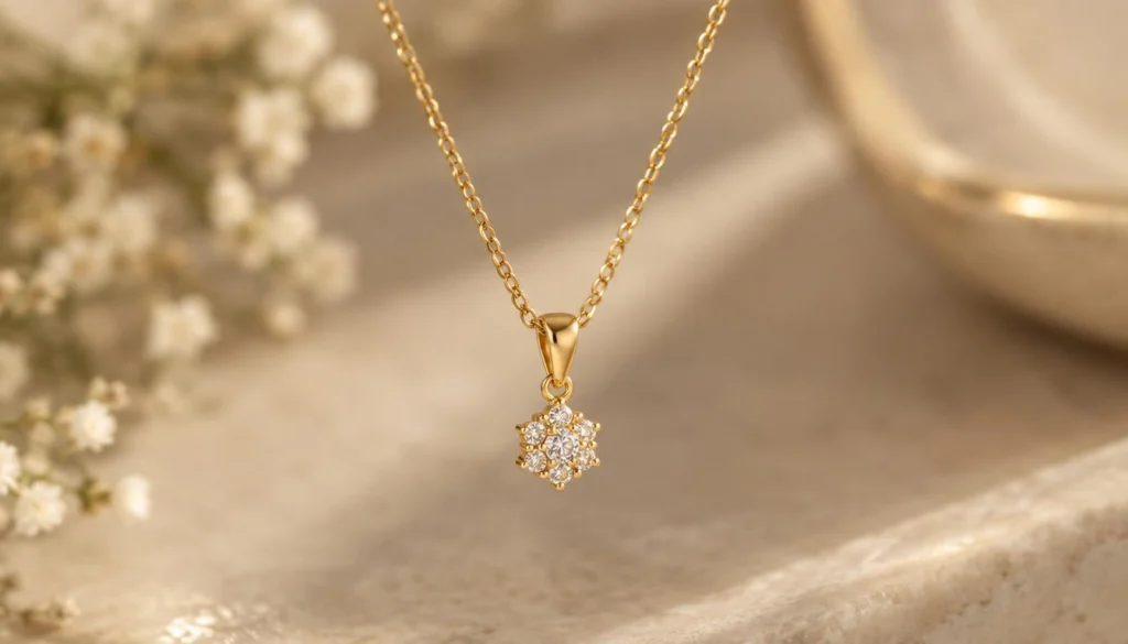 14k gold chain: cable chain supporting a lightweight pendant with a small bail