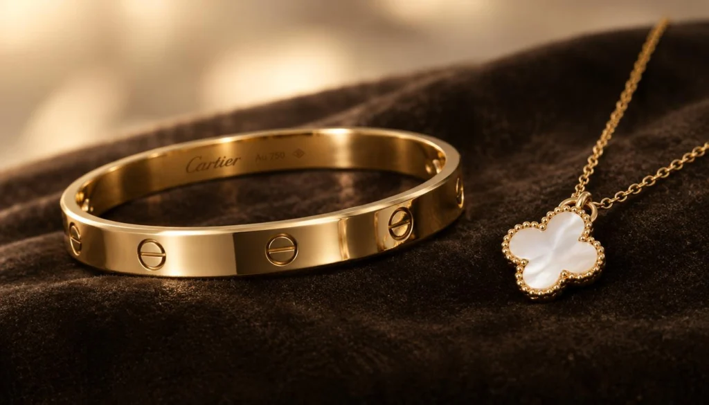 Cartier Love bracelet beside a Van Cleef Alhambra pendant