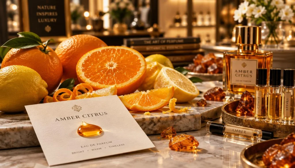 Luxury perfume: citrus and amber fragrance families beside a sample card