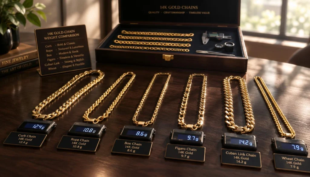 Comparing listed gram weights for similar 14K gold chains