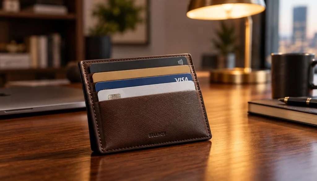 Flat slots keep a small daily card load easy to reach Luxury card holder: flat slots keep a small daily card load easy to reach