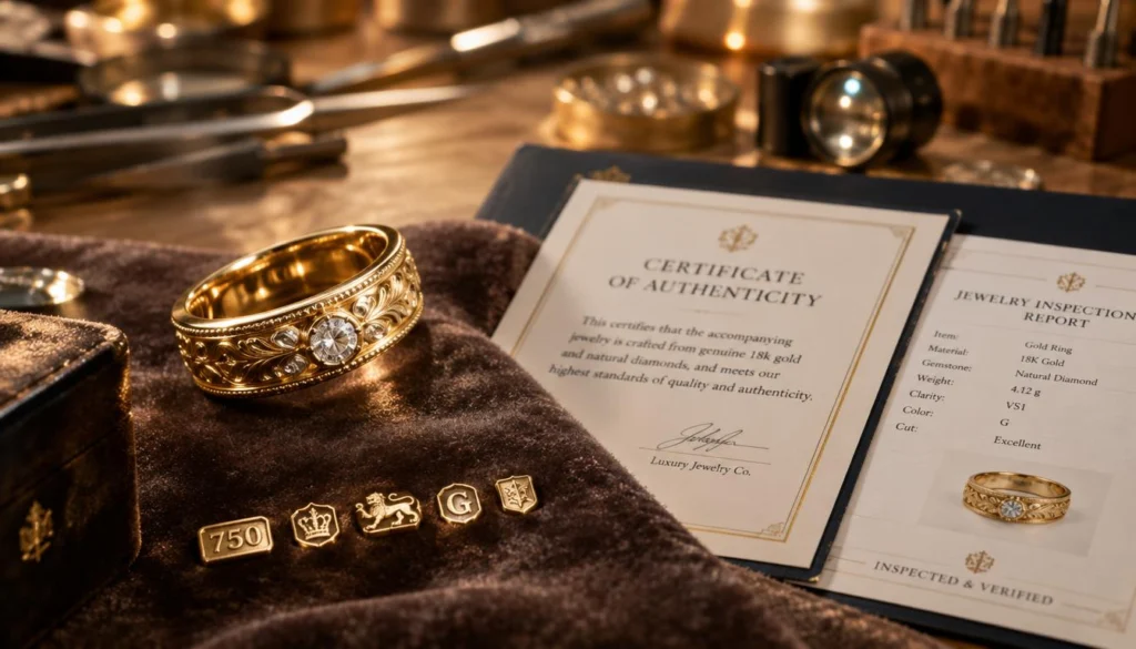 Luxury jewelry: jewelry hallmarks and documentation beside a gold ring