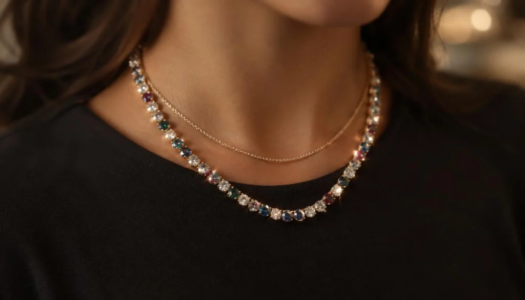 Layered tennis necklace paired with simple chains over a dark top