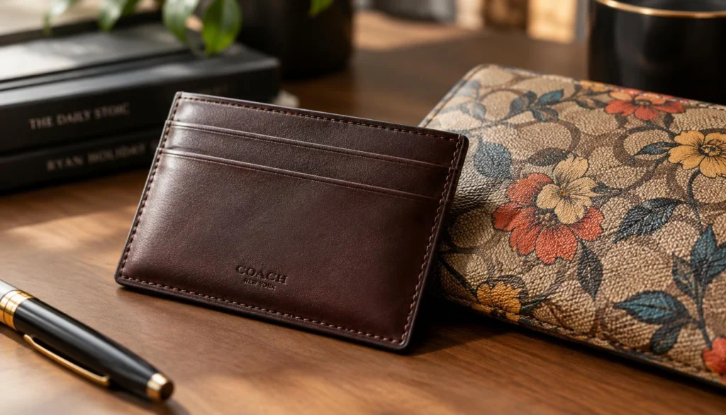 Leather card case beside patterned coated canvas for comparison Leather card case beside patterned coated canvas for comparison