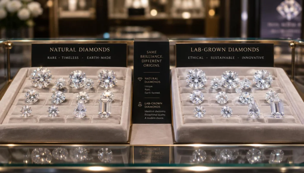 3 carat diamond ring: natural and lab-grown diamond prices compared in a jewelry case