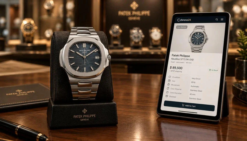 Patek philippe nautilus: nautilus pricing shown beside a documented pre-owned listing