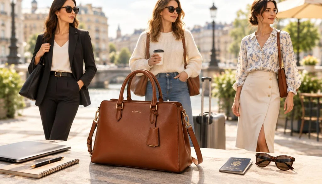 One handbag coordinates with everyday style across three outfits One handbag coordinates with everyday style across three outfits