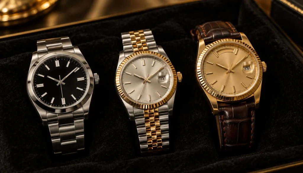 Oyster Perpetual, Datejust, and Day-Date watches side by side Oyster Perpetual, Datejust, and Day-Date watches side by side