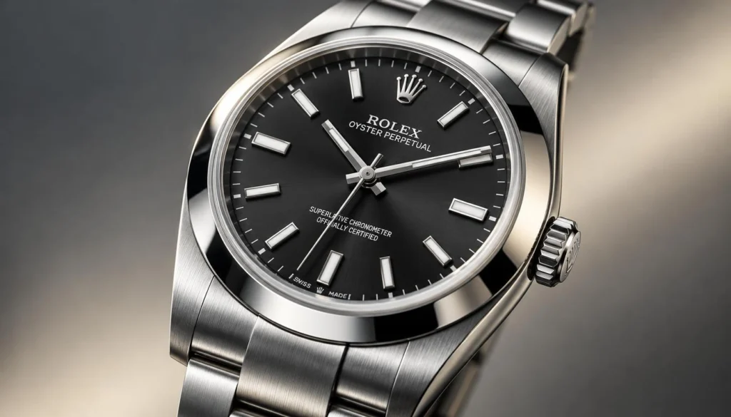 Oystersteel Rolex case and dial details under bright light Rolex oyster perpetual: oystersteel Rolex case and dial details under bright light