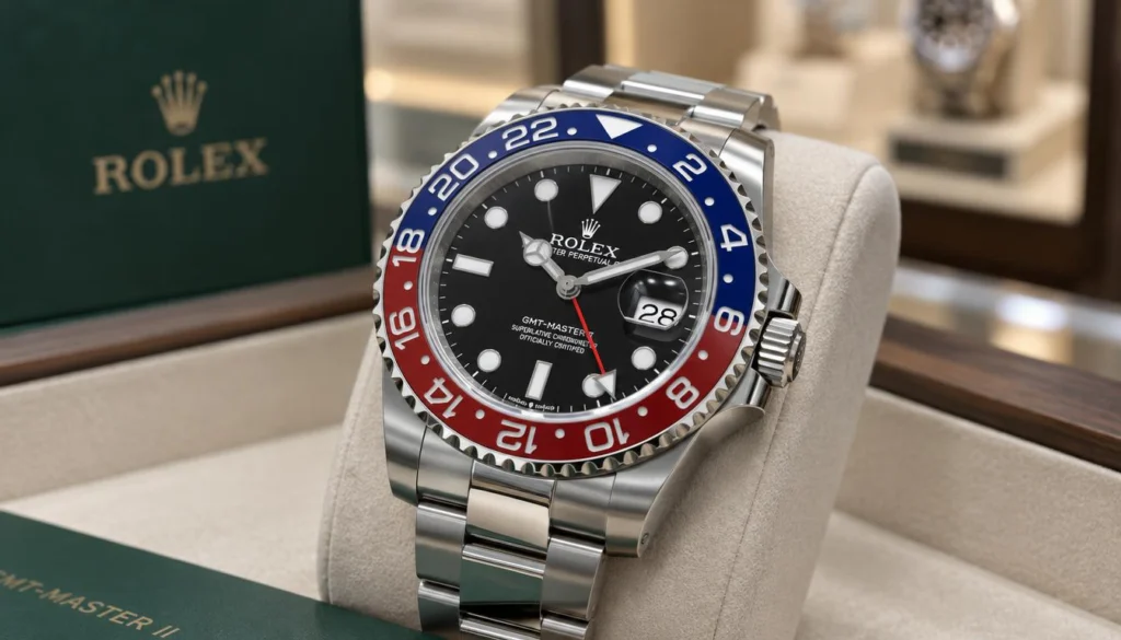 Pepsi bezel beside Oystersteel case on a Rolex GMT-Master II