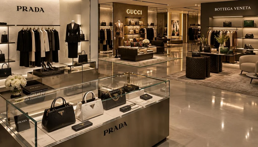 Luxury brands: prada minimalist design beside Italian fashion houses in a boutique
