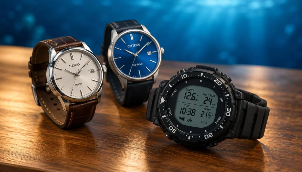 Quartz and solar watch beside a digital dive watch