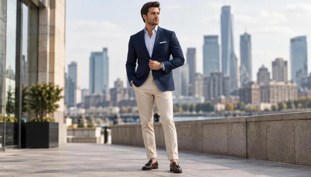 Refined menswear pairing a tailored jacket with casual trousers