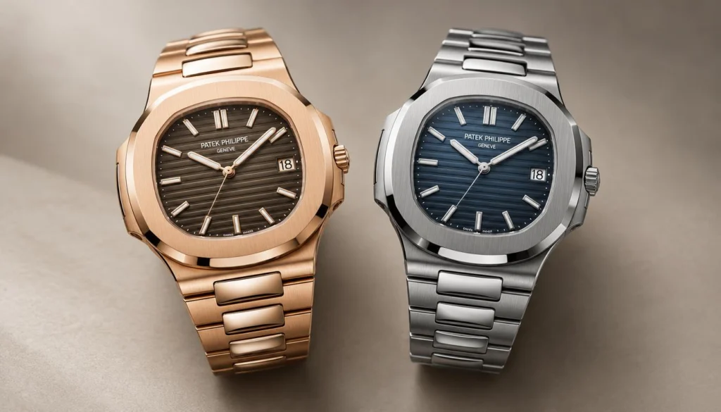 Rose gold and stainless steel Nautilus finishes side by side