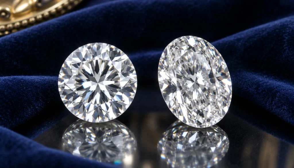 Round brilliant and oval cut stones shown side by side