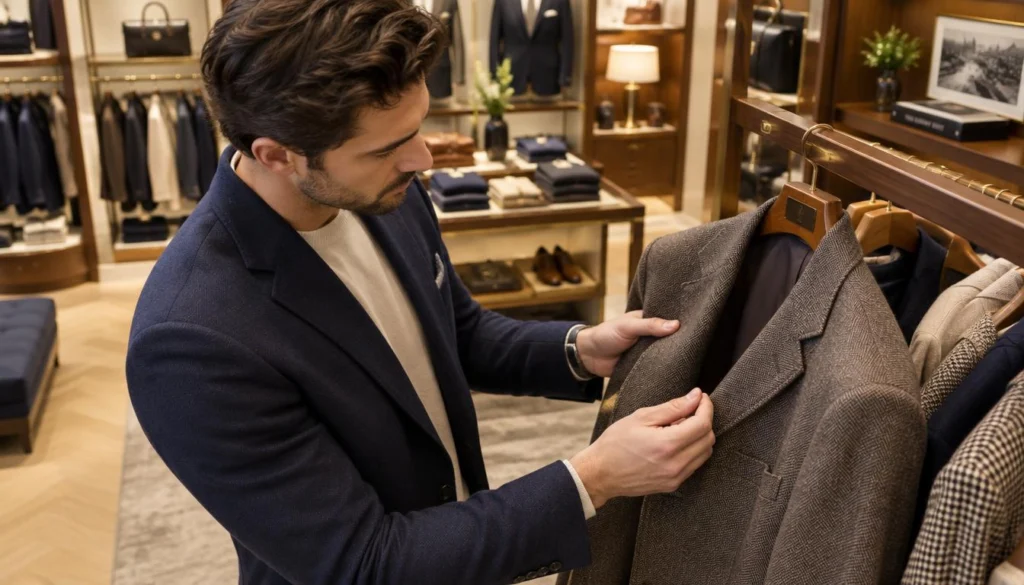 Shopper checks jacket seams and craftsmanship before buying