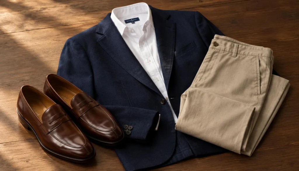 Simple shoes brushed clean beside a well-fitted casual outfit