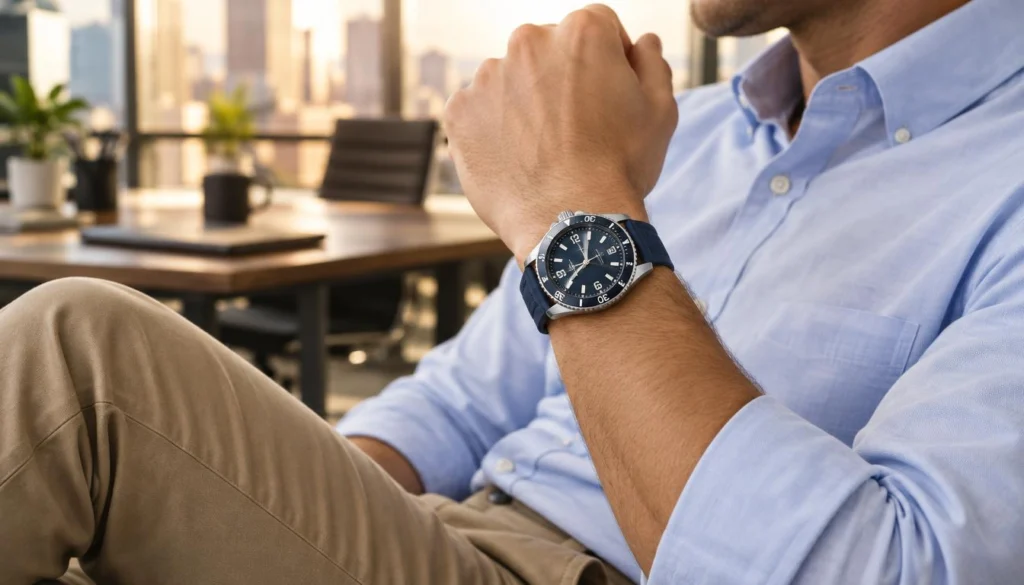 Sporty bezel paired with business-casual everyday clothing