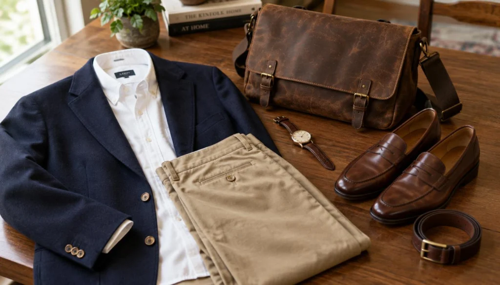 Old money outfits men: timeless staples arranged for a casual workday and weekend errands