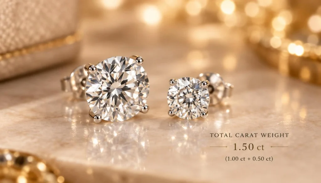 Diamond stud earrings: total carat weight shown beside two diamond studs