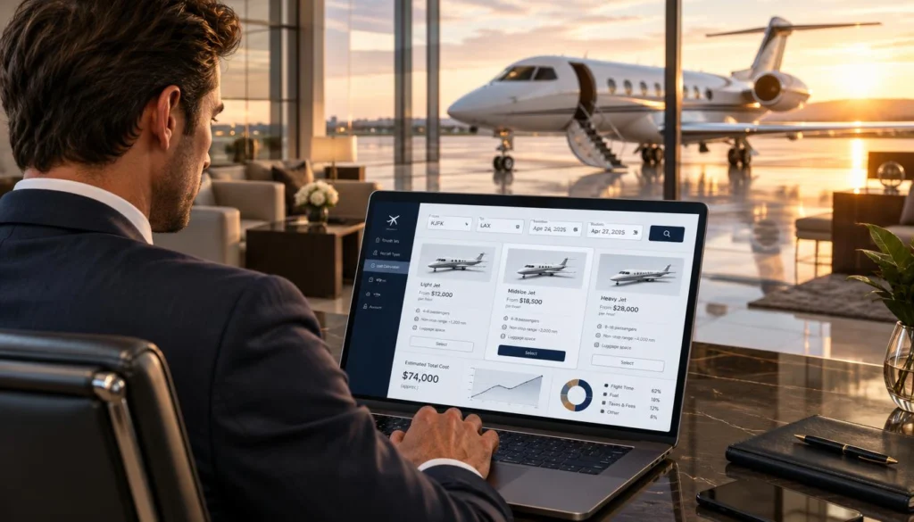 Traveler entering airports and dates into a private jet cost calculator