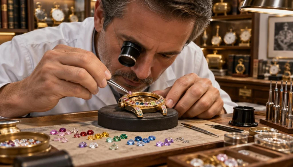 Luxury watches and fine jewelry: watchmaker setting fancy-colored diamonds into a gold watch case