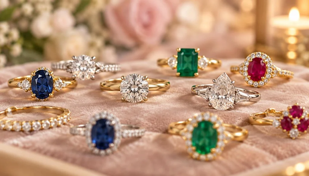 Engagement ring styles: yellow gold and platinum bands beside different center stones